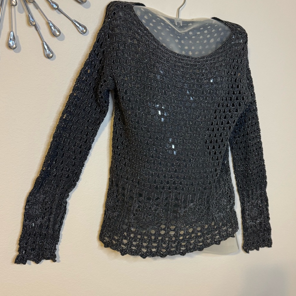 Jeanne Pierre Womens Open Knit Gray 
Sweater Silver Metallic Thread Small